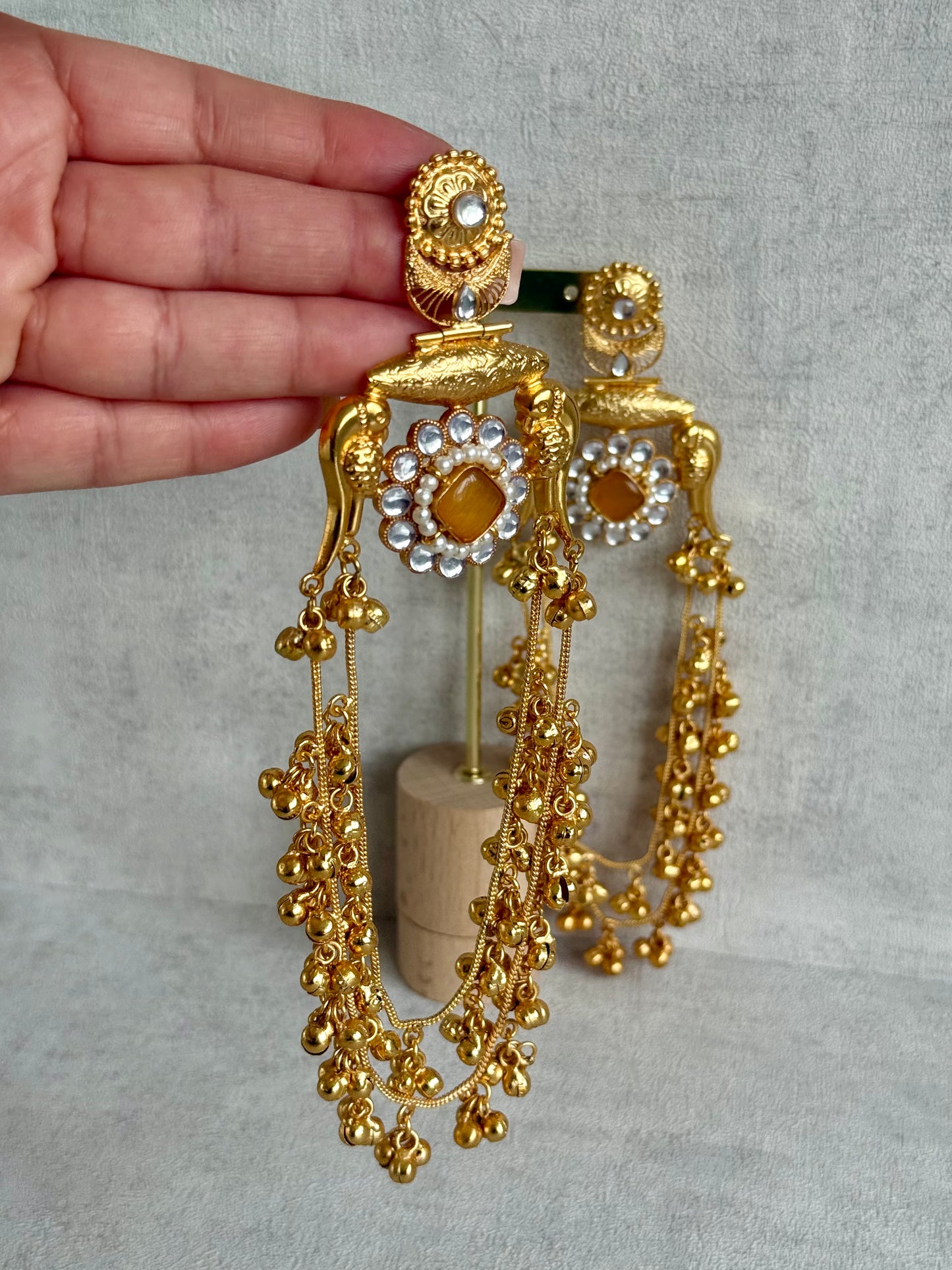 Ayura Designs Meelan Earrings – Antique Gold Earrings with Bird Motifs, Amber Stone & Ghungroo Detailing