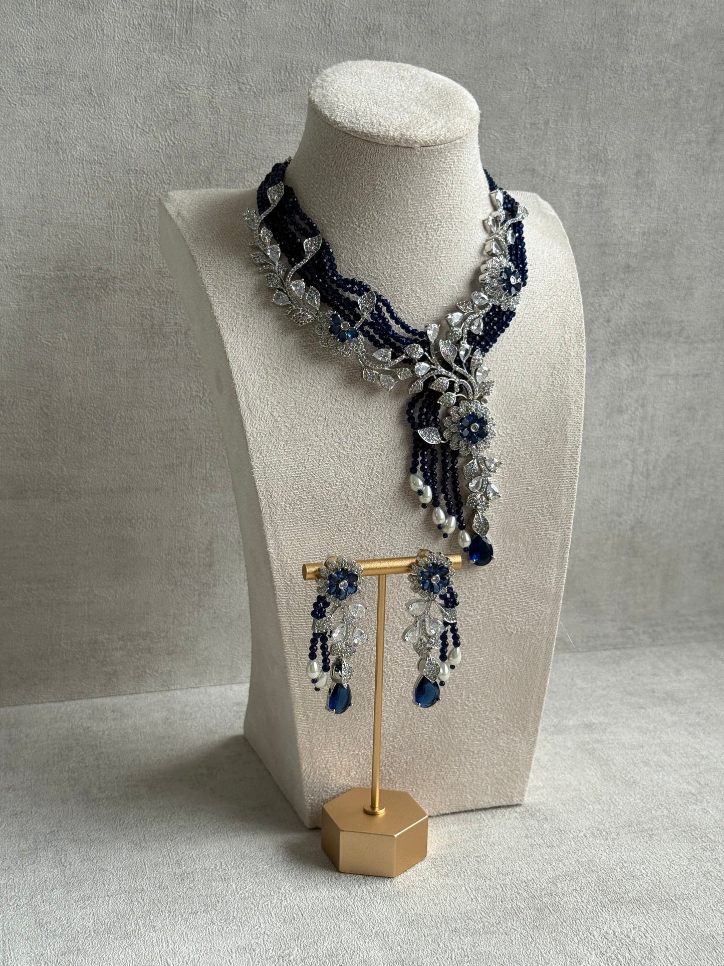 Ayura Designs Chloe Set – Silver Necklace & Earrings with Sapphire Stones, Pearls & Moissanite Detailing