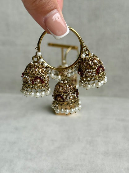 Ayura Designs Nakhra Balis – Ruby Red Triple Dome Earrings with Pearl Clusters & Mirror-Cut Detailing