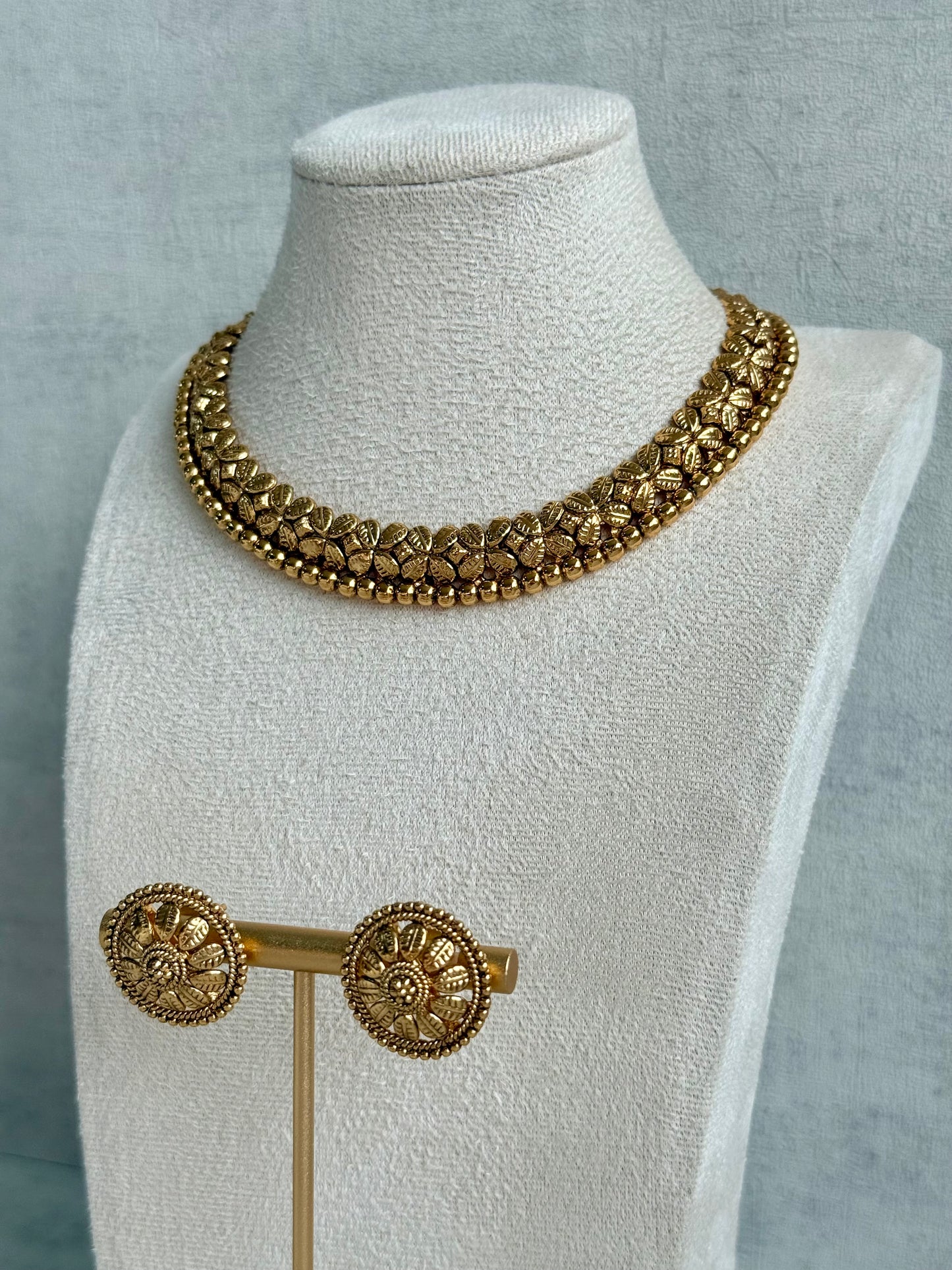 Ayura Designs Sathya Necklace Set with Stud Earrings – Antique Gold Temple Style with Textured Beadwork