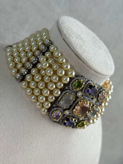 Ayura Designs Amelia Choker Set with Earrings – Moissanite Stonework with Layered Pearls in Antique Silver Finish (Soft Pastel Mix)