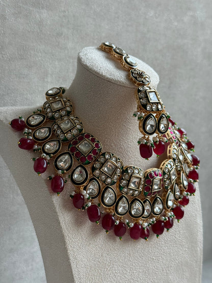 Ayura Designs Salma Set – Necklace, Earrings & Tikka with Mirror-Cut Kundan, Ruby Red Beads, Emerald Green Meenakari & Gold Finish