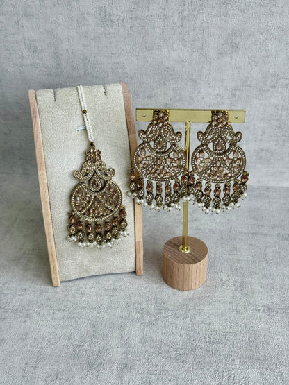 Ayura Designs Anvi Tikka Set with Earrings – Champagne Stones with Ivory Pearl Drops