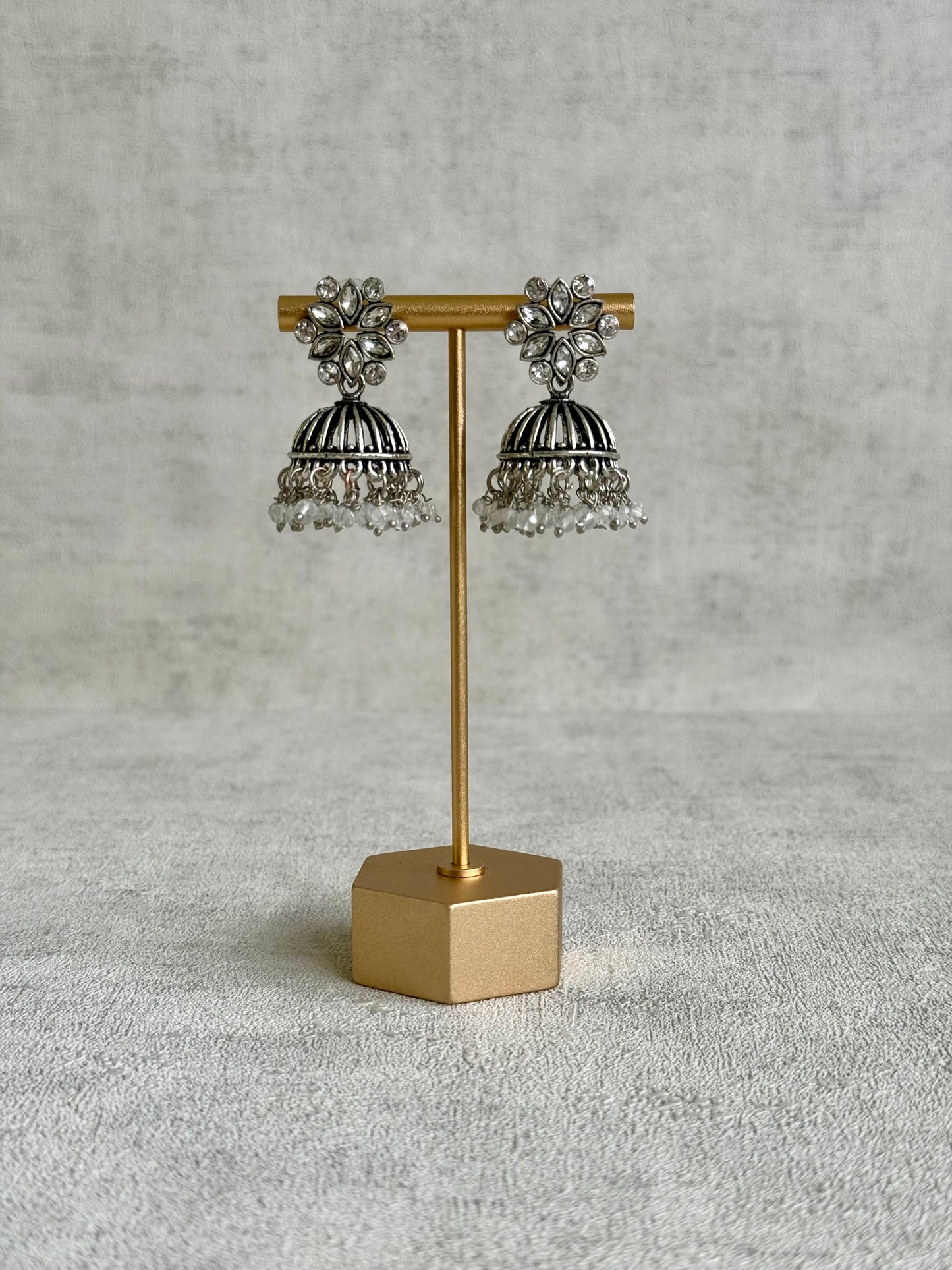 Ayura Designs Syra Jhumkis – Mirror-Cut Stone Tops, Crystal Drop Fringe & Oxidised Silver Finish