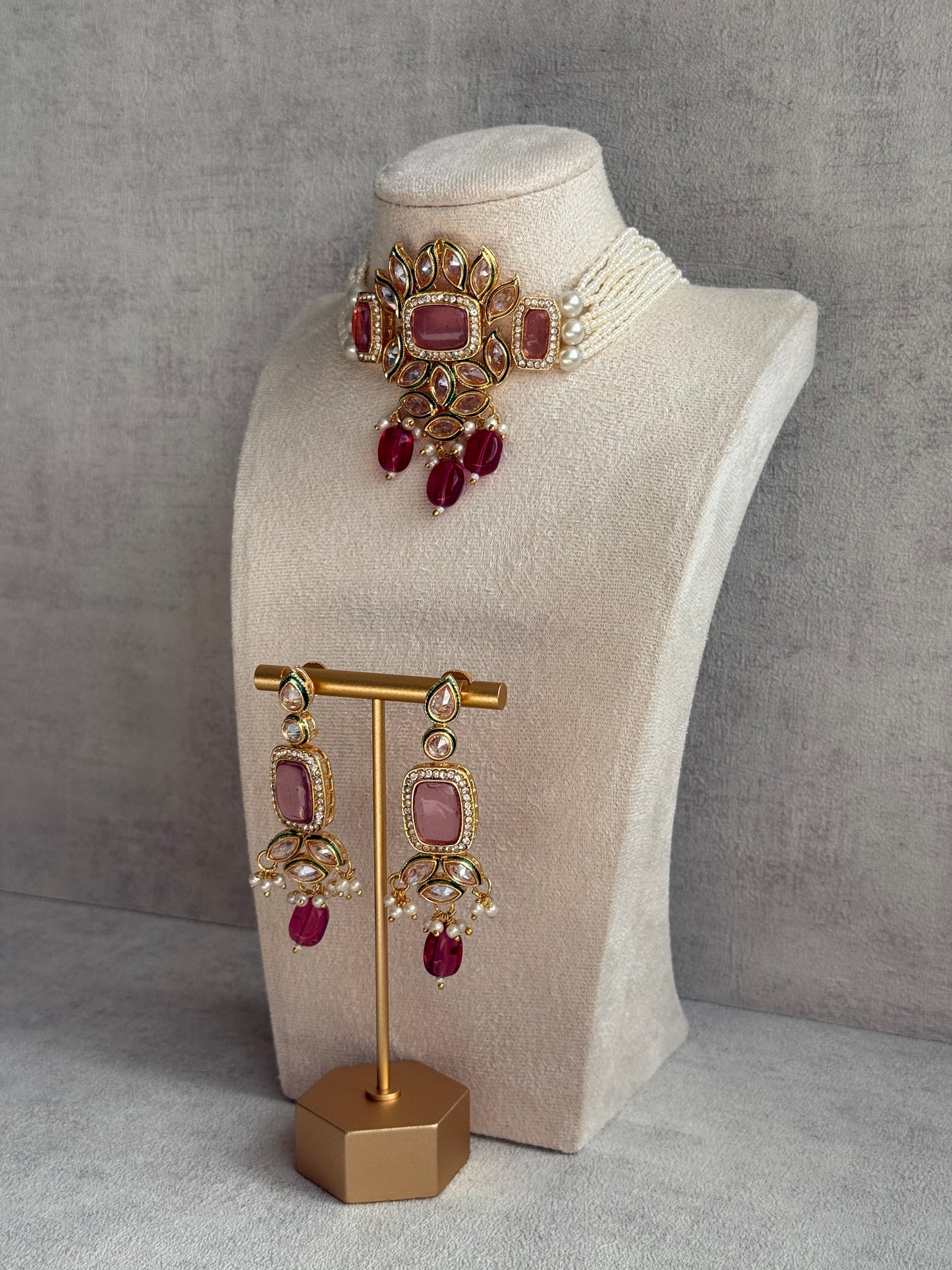 Ayura Designs Raaz Set with Necklace & Earrings – Berry Pink Stones, Kundan Detailing & Antique Gold Finish