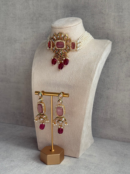 Ayura Designs Raaz Set with Necklace & Earrings – Berry Pink Stones, Kundan Detailing & Antique Gold Finish