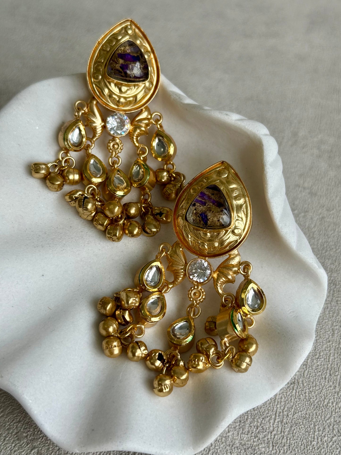 Ayura Designs Arheer Earrings – Violet & Gold Marble with Kundan Detailing & Antique Gold Ghungroos