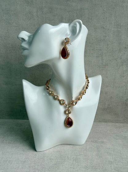 Ayura Designs Lilly Set with Necklace & Earrings – Burnt Crimson Marble Stones, Mirror-Cut Accents & Antique Gold Finish