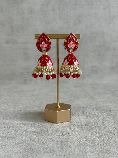Ayura Designs Gia Jhumkis – Red Meenakari with Pink Lotus Motifs & Ivory Pearl Drops