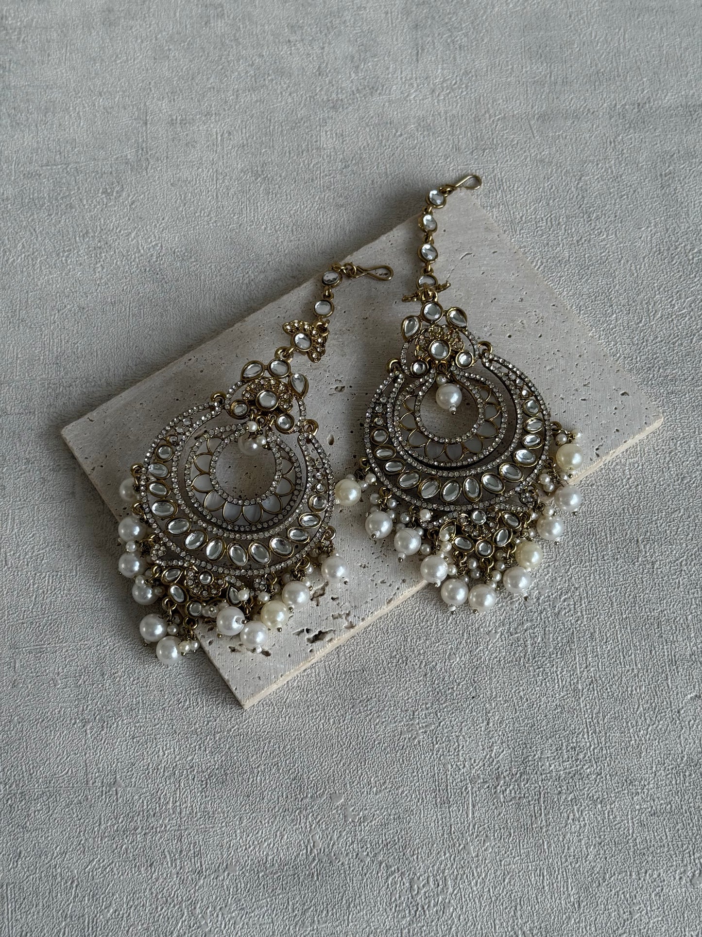 Ayura Designs Rabia Chandbalis – Antique Gold Kundan Earrings with Ivory Pearls & Attached Sahare