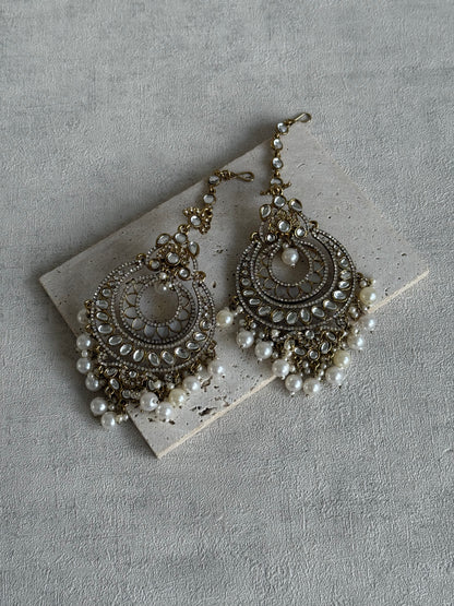 Ayura Designs Rabia Chandbalis – Antique Gold Kundan Earrings with Ivory Pearls & Attached Sahare