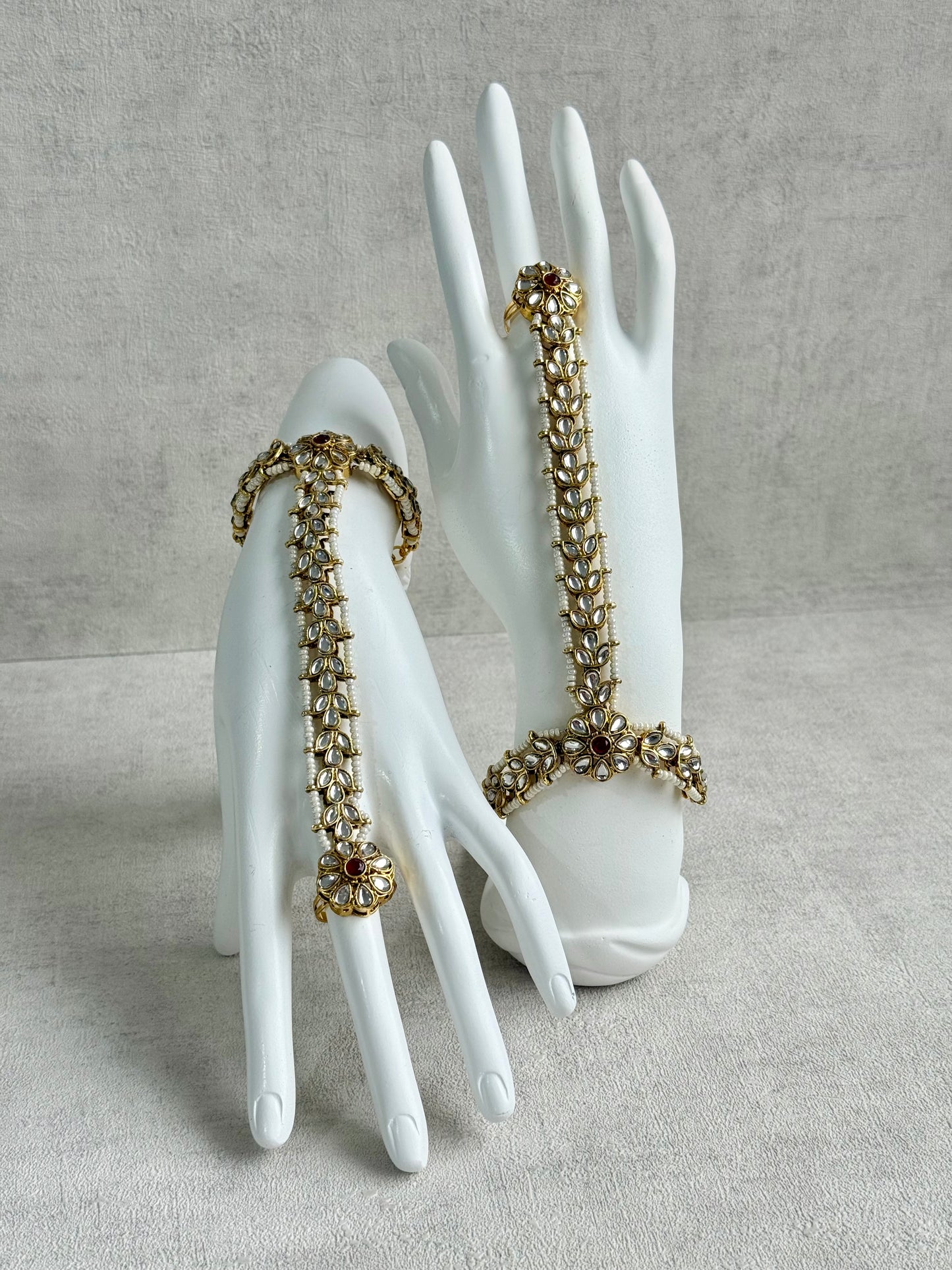 Ayura Designs Ruya Haathphool – Mirror-Cut Stones with Ruby Accents & Pearl Detailing