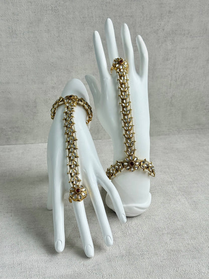 Ayura Designs Ruya Haathphool – Mirror-Cut Stones with Ruby Accents & Pearl Detailing