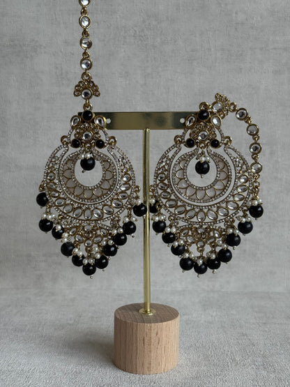 Ayura Designs Rabia Chandbalis – Antique Gold Kundan Earrings with Black Beads, Pearls & Attached Sahare