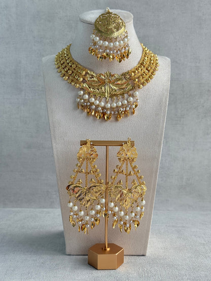Ayura Designs Jasira Necklace Set with Earrings & Tikka – Pippal Patti Design with Swan & Peacock Motifs, Ivory Pearls & Gold Finish