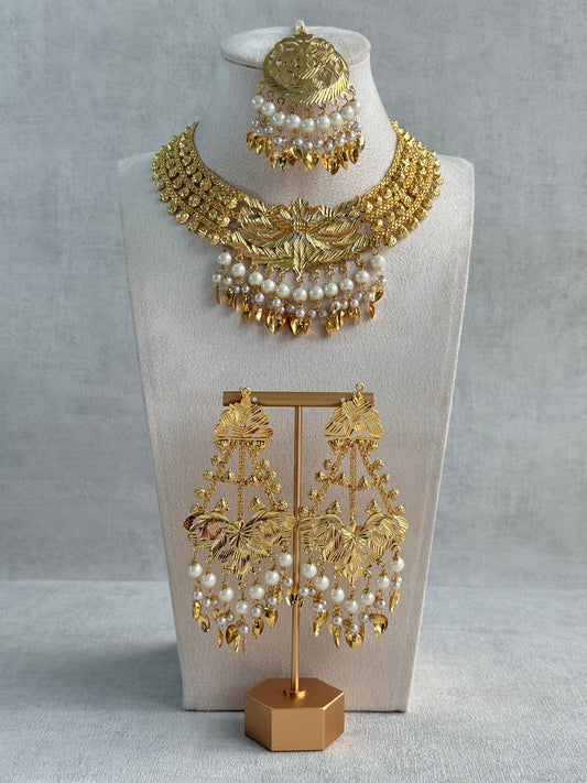Ayura Designs Jasira Necklace Set with Earrings & Tikka – Pippal Patti Design with Swan & Peacock Motifs, Ivory Pearls & Gold Finish