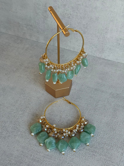 Ayura Designs Heer Balis – Gold Hoops with Mint Marble Beads, Pearls & Crystal Detailing