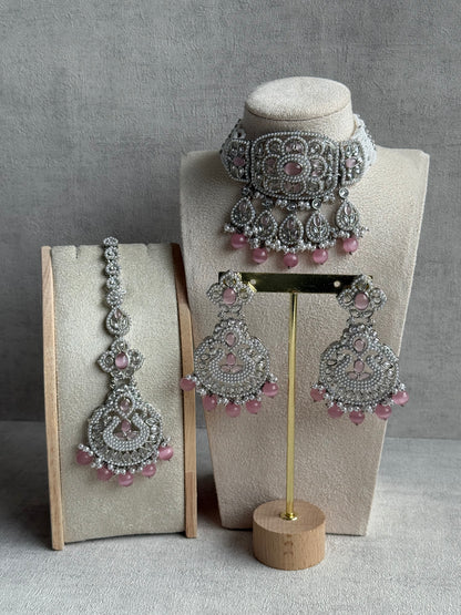 Ayura Designs Zarlish Set – Choker, Earrings & Tikka with Mirror-Cut Stones, Blush Pink Beads & Silver Finish