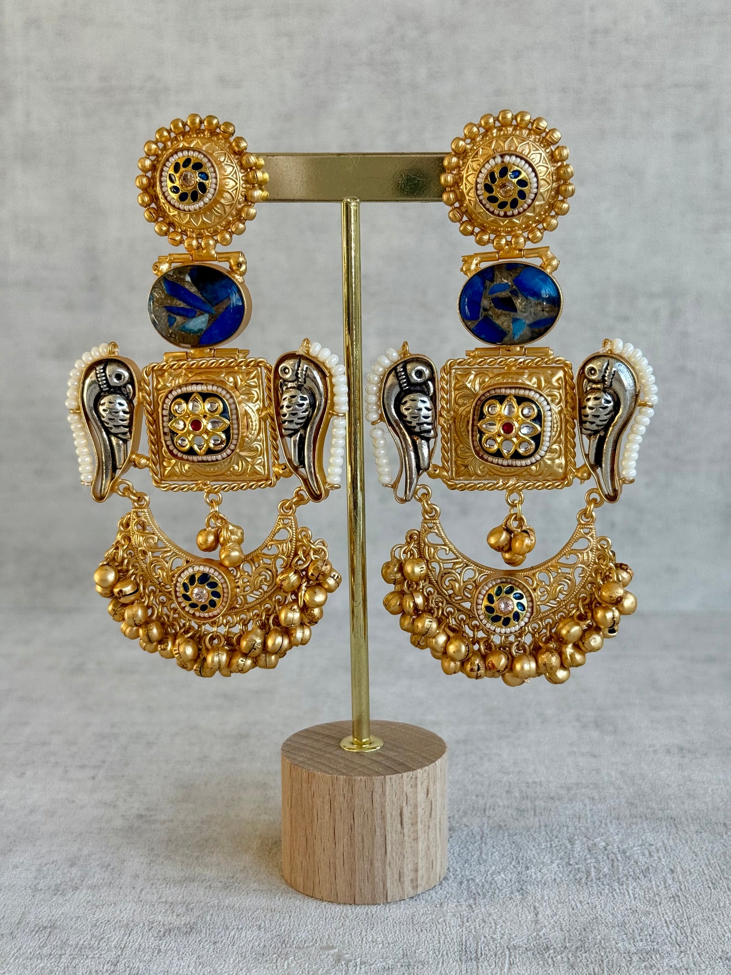 Ayura Designs Soha Earrings – Antique Gold with Midnight Blue Stone & Oxidised Parrots