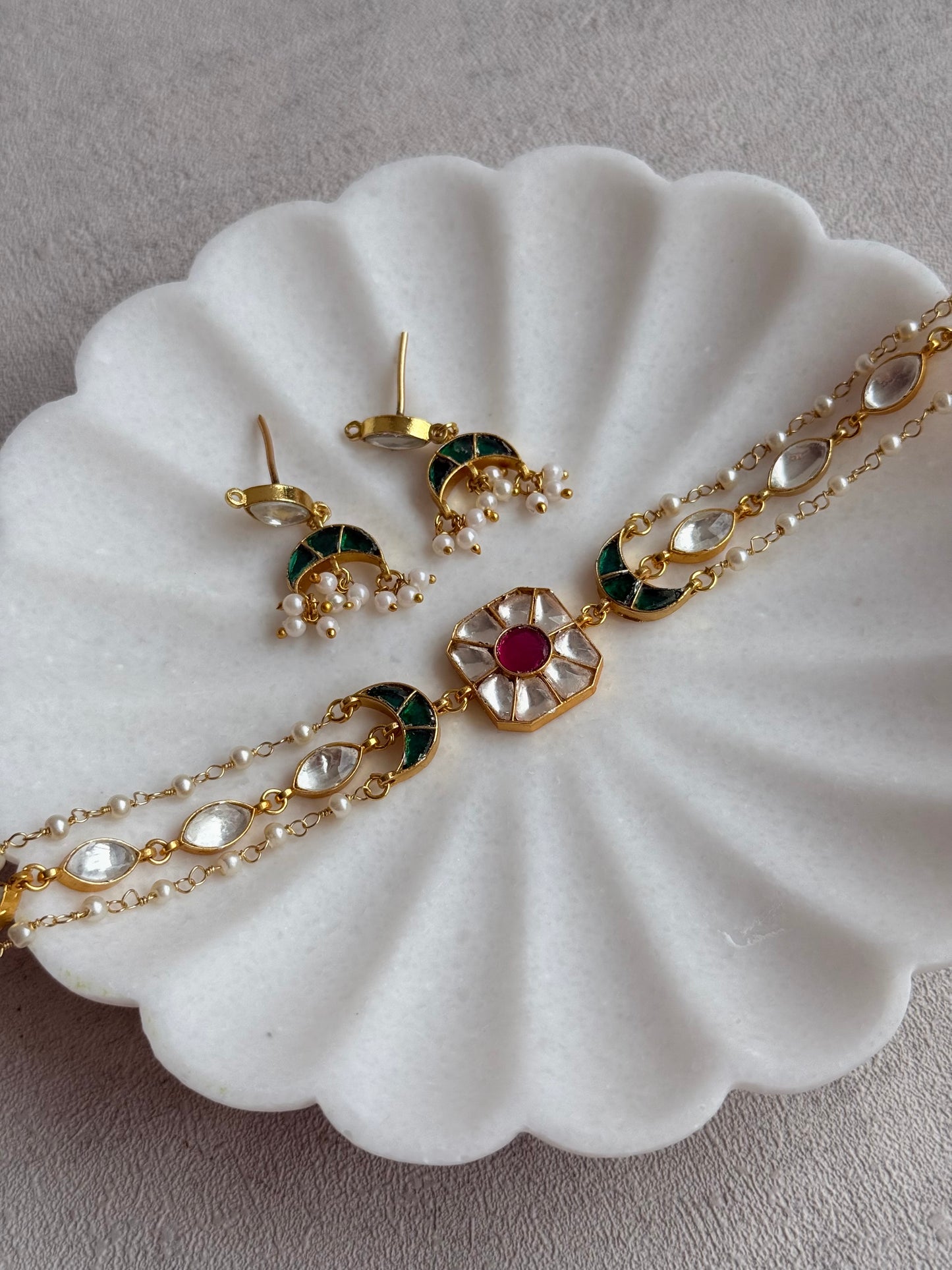 Ayura Designs Mahi Choker Set with Earrings – Meenakari Kundan Green & Pink Detailing