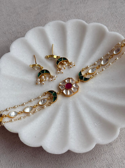 Ayura Designs Mahi Choker Set with Earrings – Meenakari Kundan Green & Pink Detailing