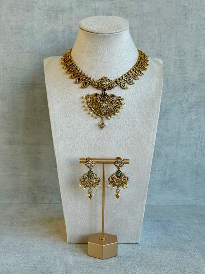 Ayura Designs Joya Set with Necklace, Earrings & Tikka – Kundan Detailing, Pink & Green Stones with Pearl Drops