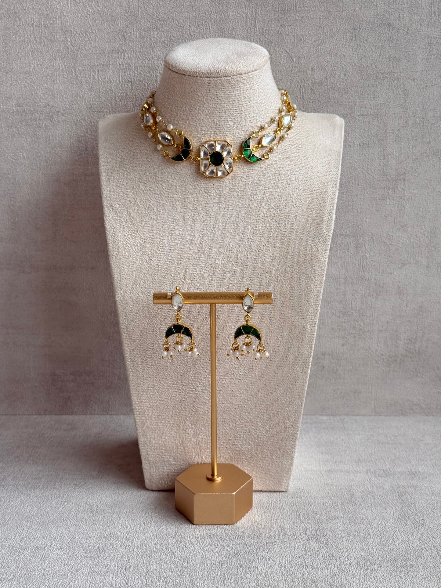 Ayura Designs Mahi Choker Set with Earrings – Meenakari Kundan Emerald Green & Ivory Detailing