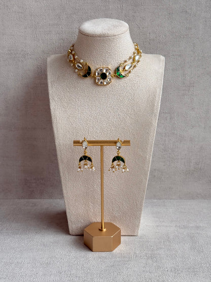 Ayura Designs Mahi Choker Set with Earrings – Meenakari Kundan Emerald Green & Ivory Detailing