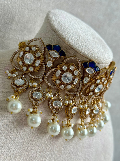 Ayura Designs Serina Choker Set with Earrings – Midnight Blue Enamel, Mirror-Cut Stones & Pearl Drops