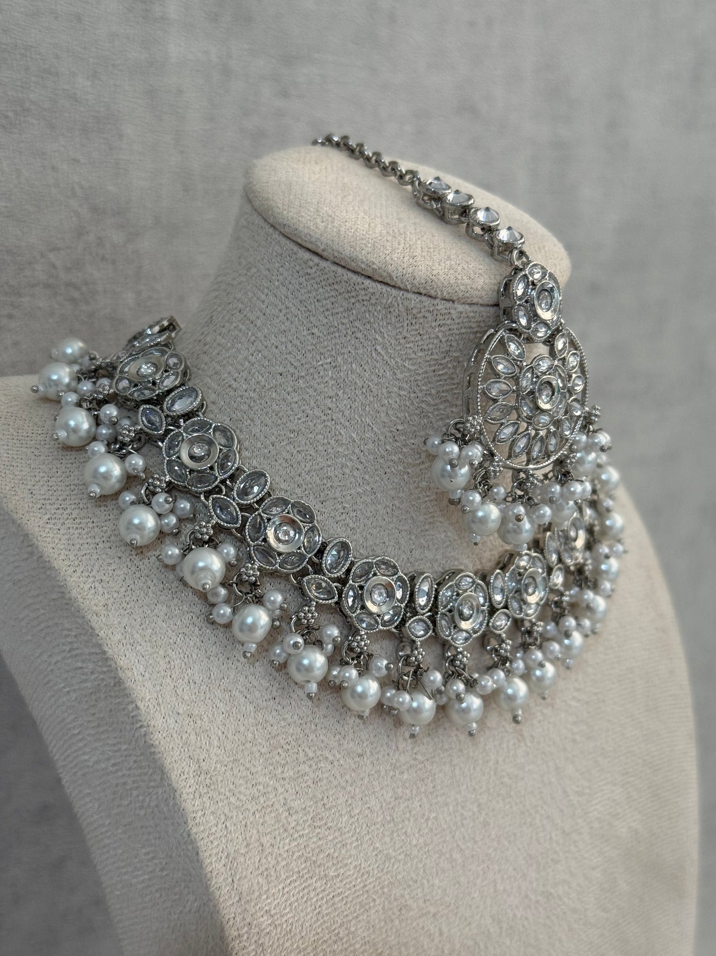 Ayura Designs Zimal Set – Mirror-Cut Stones with Ivory Pearls & Antique Silver Finish