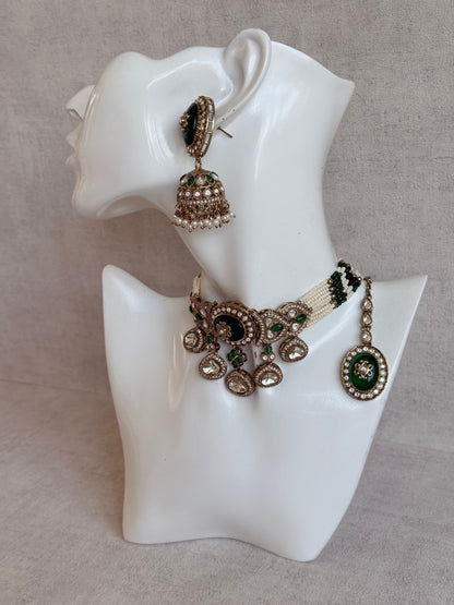 Ayura Designs Myra Choker Set with Earrings & Tikka – Emerald Green Kundan & Pearl Detailing