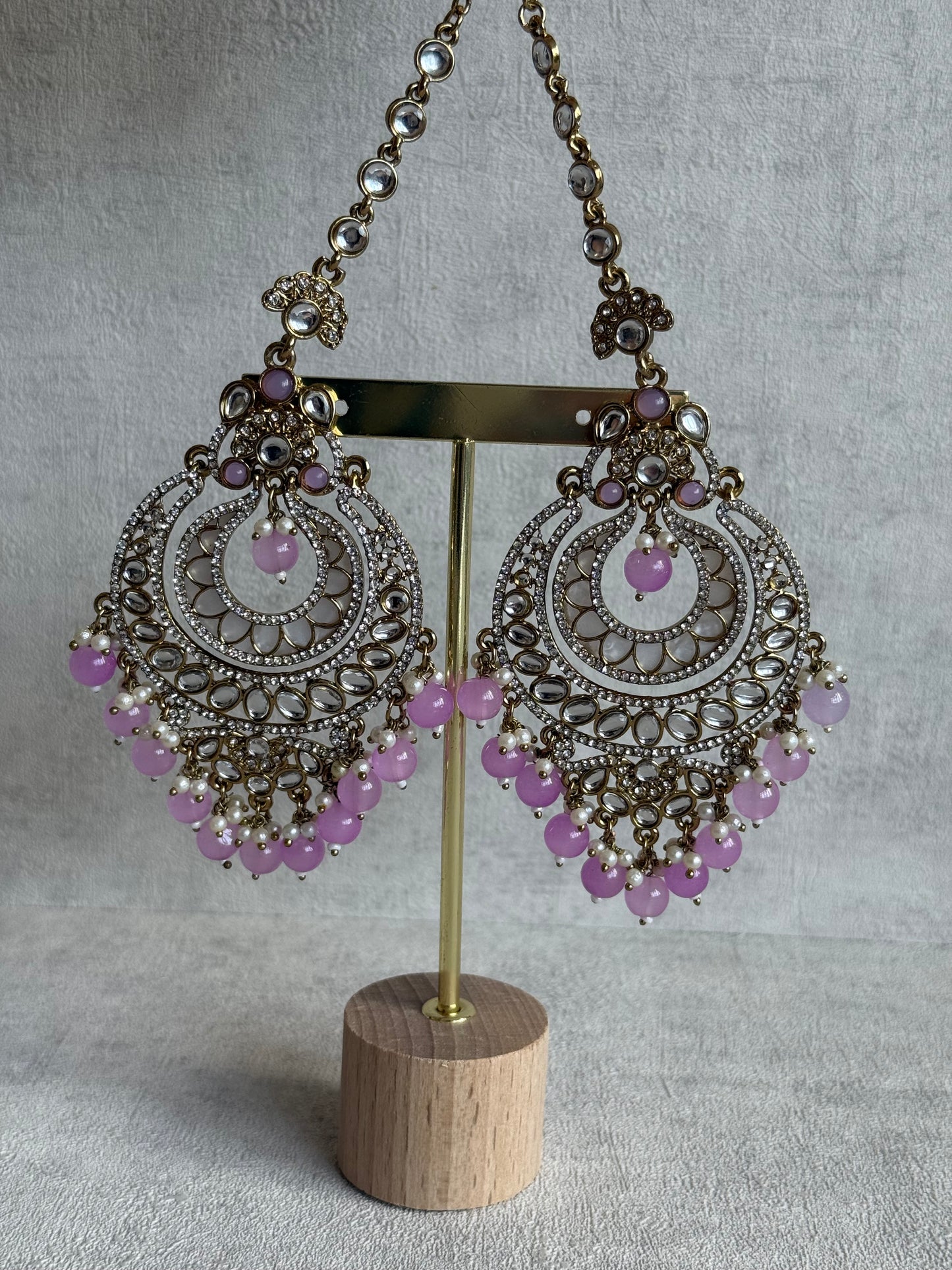 Ayura Designs Rabia Chandbalis – Antique Gold Kundan Earrings with Lilac Beads, Pearls & Attached Sahare
