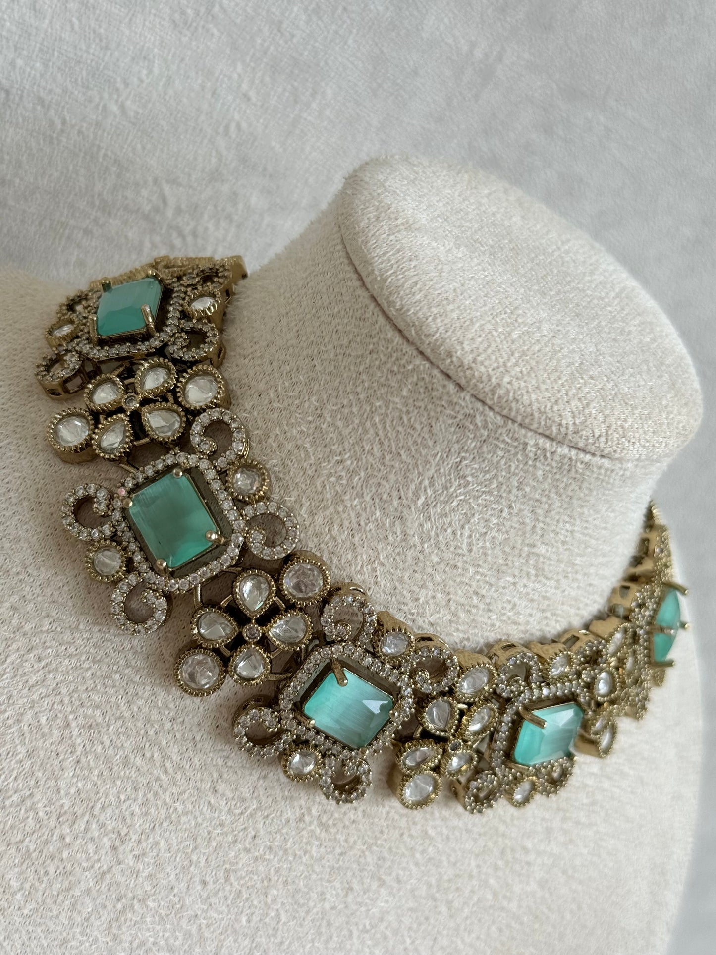 Ayura Designs Celine Necklace Set with Earrings – Moissanite Mint Green Statement Set