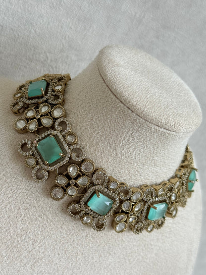 Ayura Designs Celine Necklace Set with Earrings – Moissanite Mint Green Statement Set