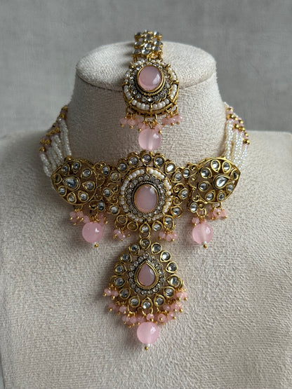 Ayura Designs Muskaan Set – Choker, Jhumkis & Tikka with Blush Pink Beads, Kundan Stones & Antique Gold Finish