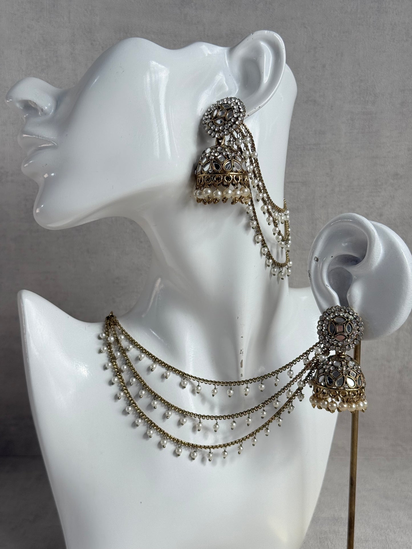 Ayura Designs Aaina Jhumkis – Antique Gold Mirror & Crystal Earrings with Detachable Triple-Layer Pearl Sahare