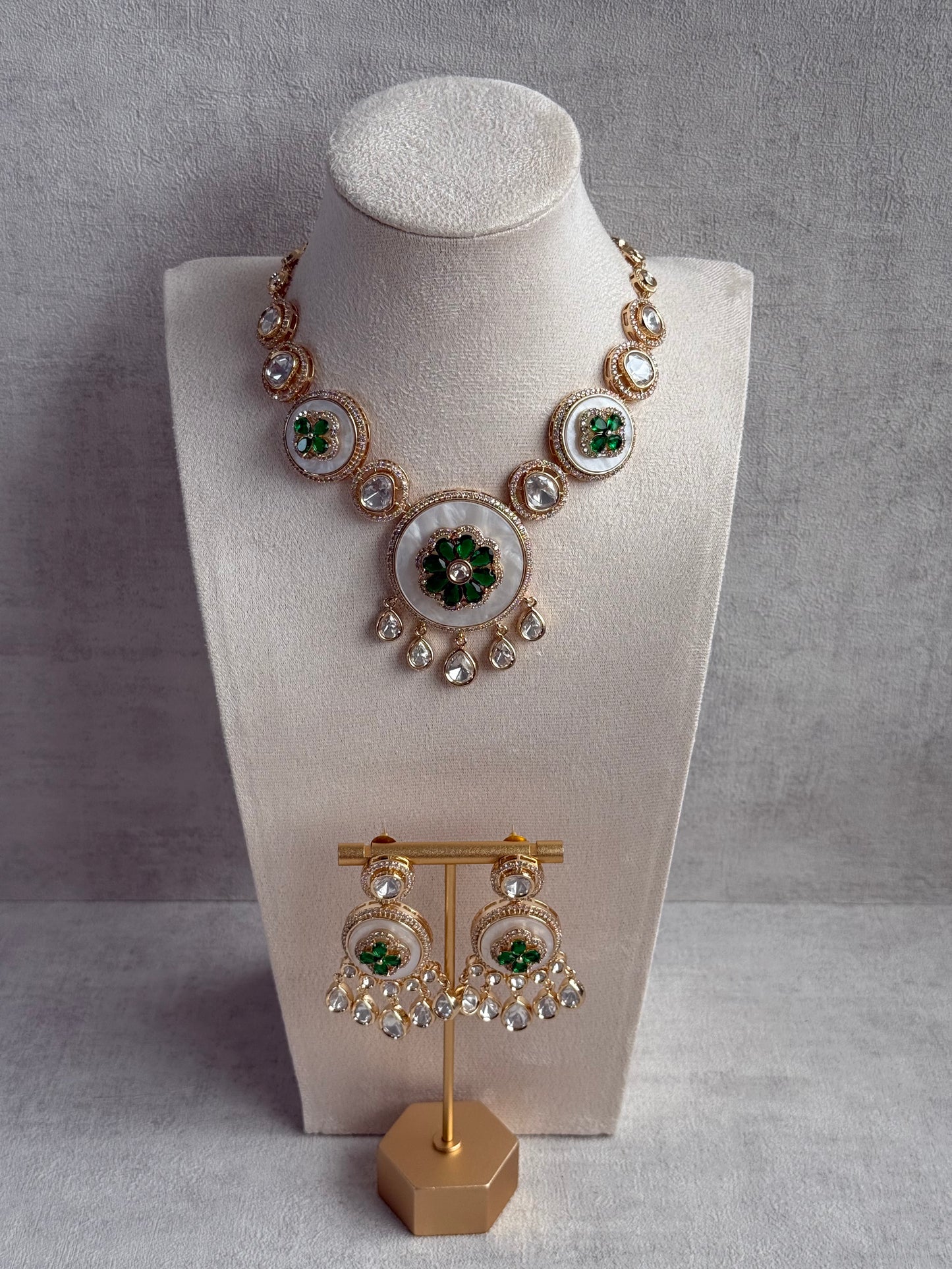 Ayura Designs Wisah Set with Necklace & Earrings – Emerald Green Floral Motifs with Mother of Pearl, Mirror-Cut Stones & Crystal Detailing
