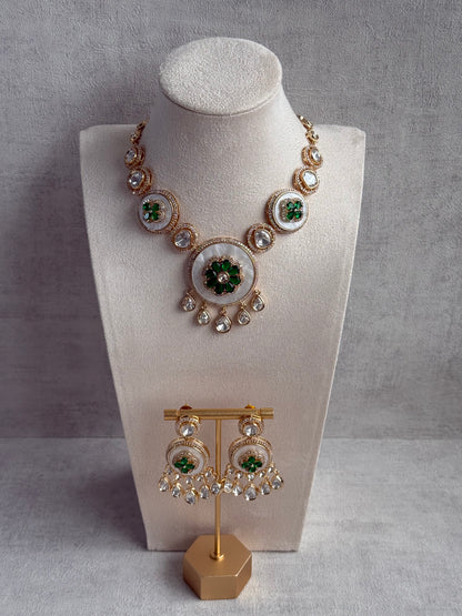 Ayura Designs Wisah Set with Necklace & Earrings – Emerald Green Floral Motifs with Mother of Pearl, Mirror-Cut Stones & Crystal Detailing