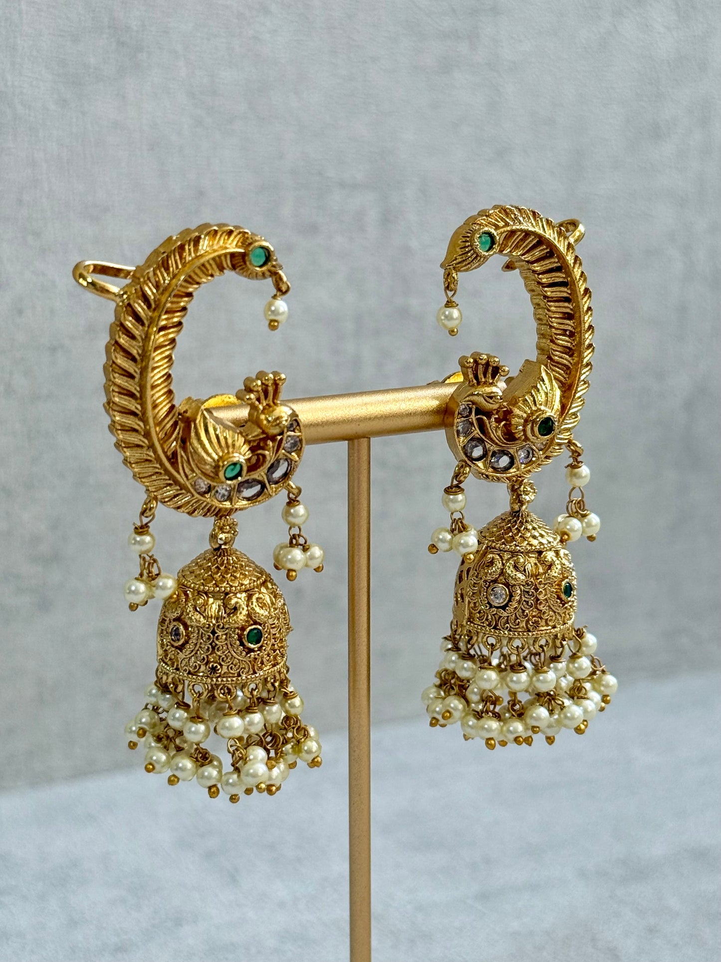 Ayura Designs Mythili Jhumkis – Half Ear Cuffs in Antique Gold with Peacock Design, Emerald Green Stones and Pearl Drops