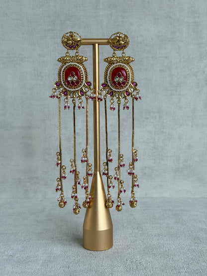 Ayura Designs Kaveri Earrings – Gold Long Chain Drop Earrings with Kundan, Pearls & Ghungroo Detailing – Ruby Red
