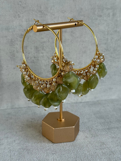 Ayura Designs Heer Balis – Gold Hoops with Olive Marble Beads, Pearls & Crystal Detailing