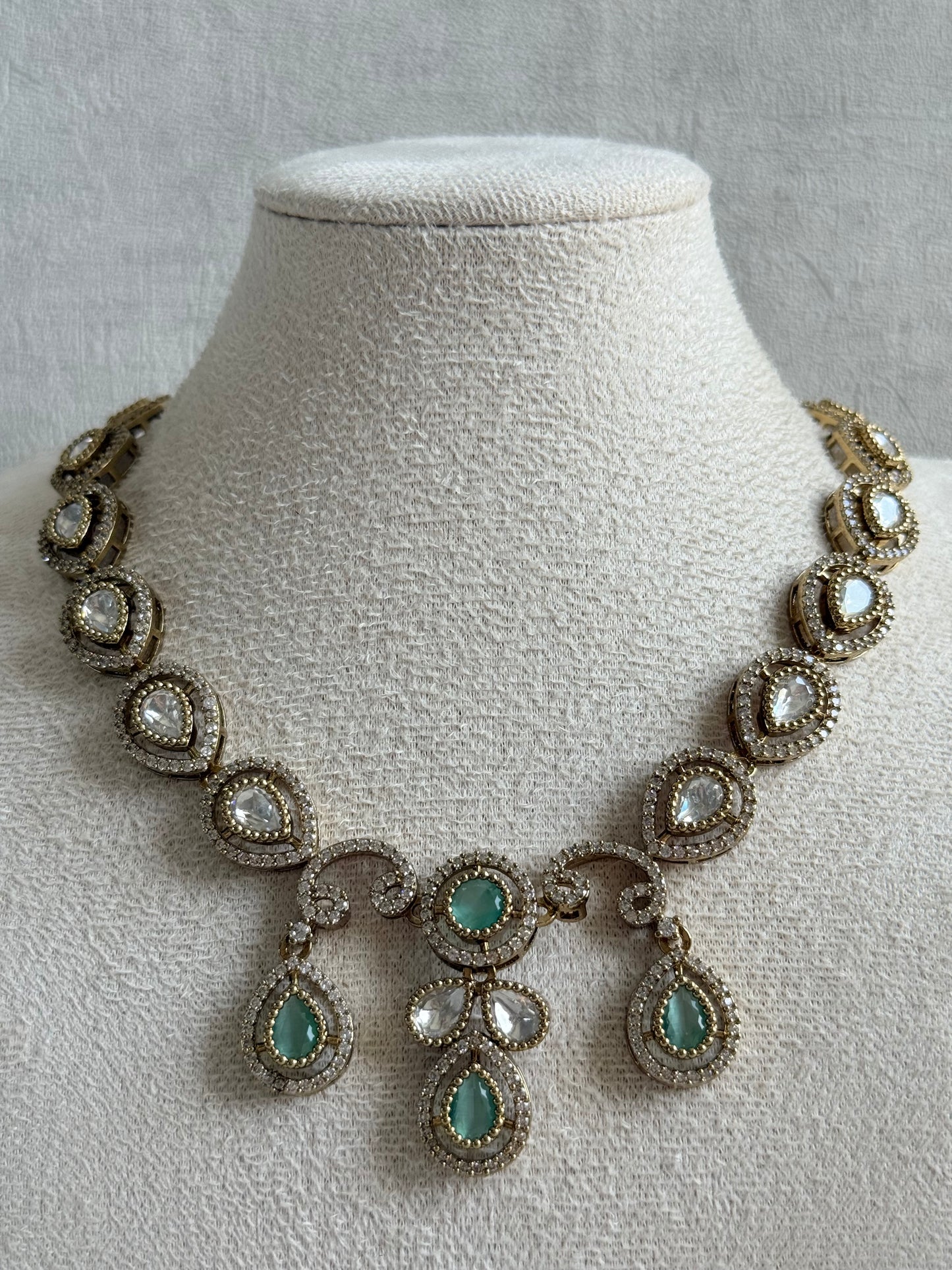 Ayura Designs Bianca Necklace Set with Earrings – Mint Green & White Kundan, Crystals & Gold Finish
