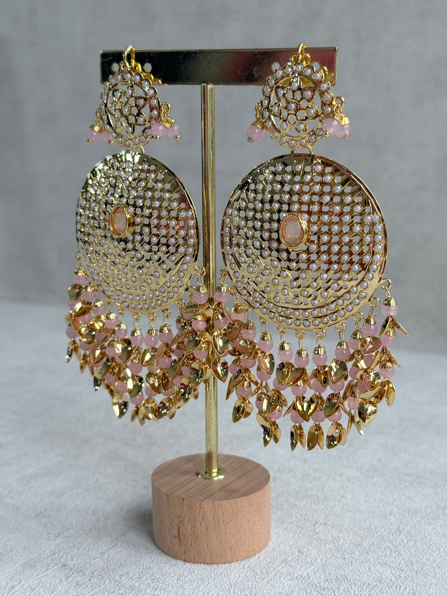 Ayura Designs Seerat Earrings – Blush Pink Gold Pippal Patti Design with Pearls