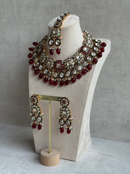 Ayura Designs Salma Set – Necklace, Earrings & Tikka with Mirror-Cut Kundan, Ruby Red Beads, Emerald Green Meenakari & Gold Finish