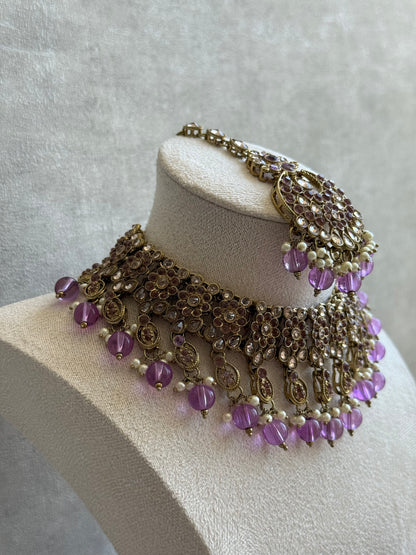 Ayura Designs Nehaat Set with Choker, Earrings, Tikka & Passa – Antique Gold with Lavender Beads, Pearls & Kundan Detailing