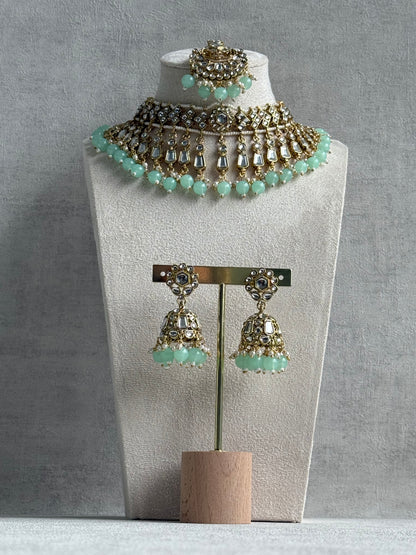 Ayura Designs Shaheen Set with Jhumkis & Tikka – Pistachio Green Beads, Mirror Kundan & Gold Finish