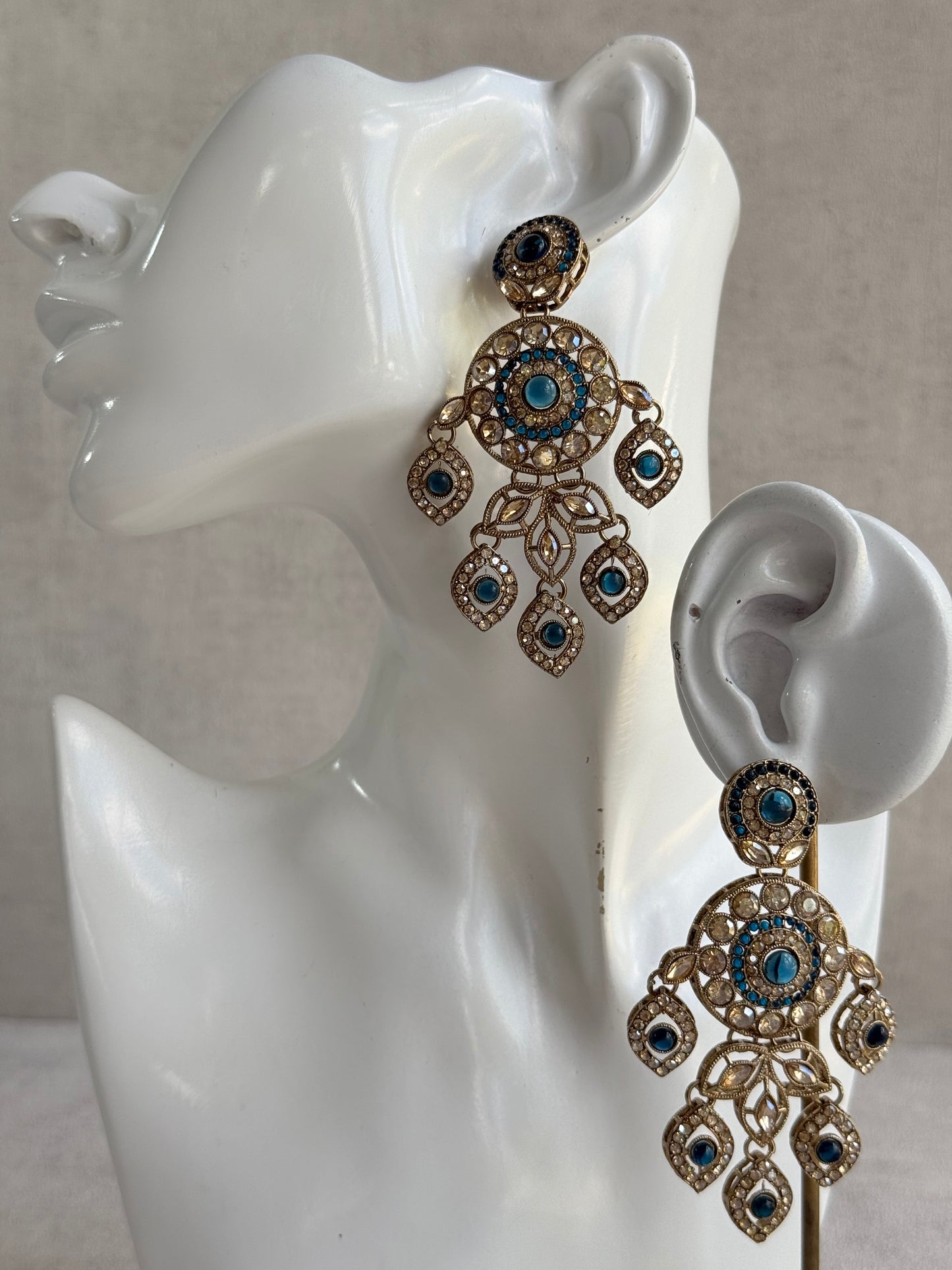 Ayura Designs Vanika Earrings – Sapphire Blue & Champagne Crystal Gold Finish
