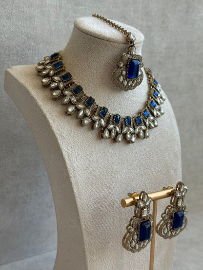 Ayura Designs Olivia Set with Necklace, Earrings & Tikka – Navy Blue Stones, Pear-Cut White Accents & Antique Gold Finish