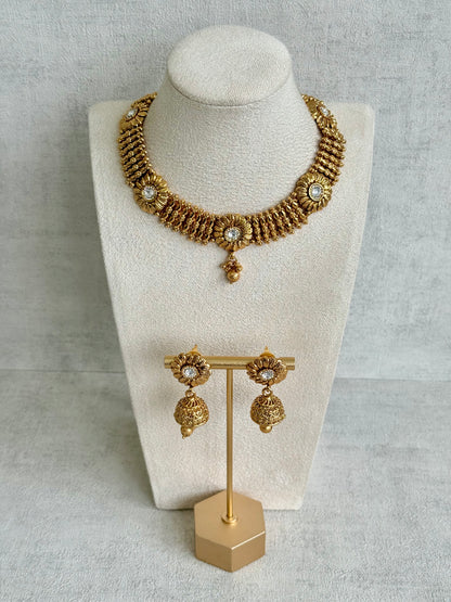 Ayura Designs Arisa Choker Set with Jhumkis – Antique Gold Floral Motifs with Ghungroo Drops