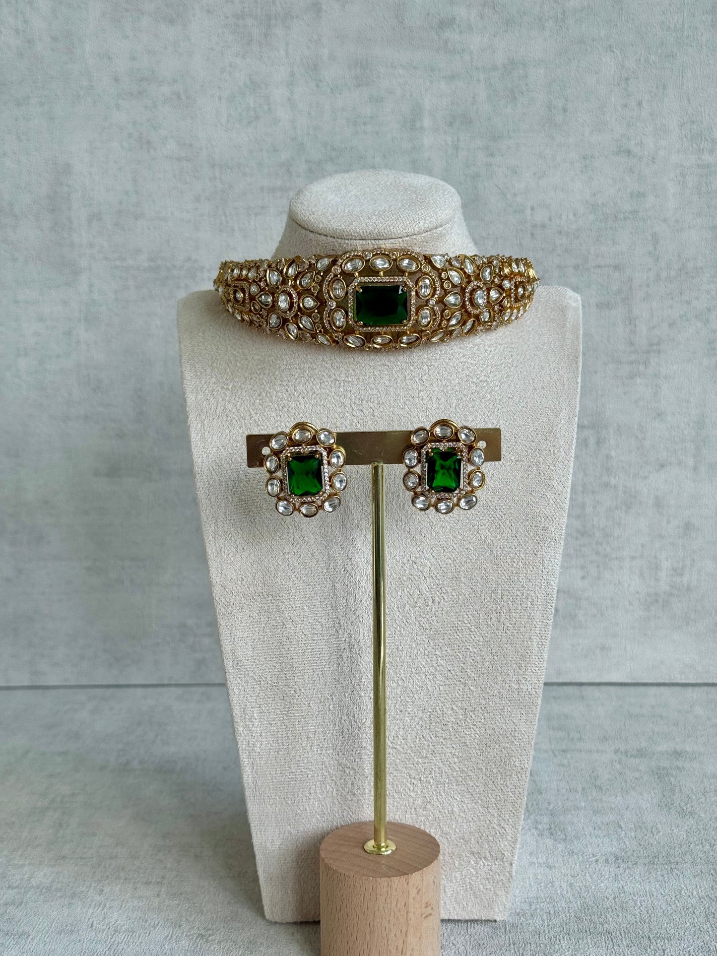 Ayura Designs Akasha Choker Set with Stud Earrings – Emerald Green Moissanite Stones & Antique Gold Finish